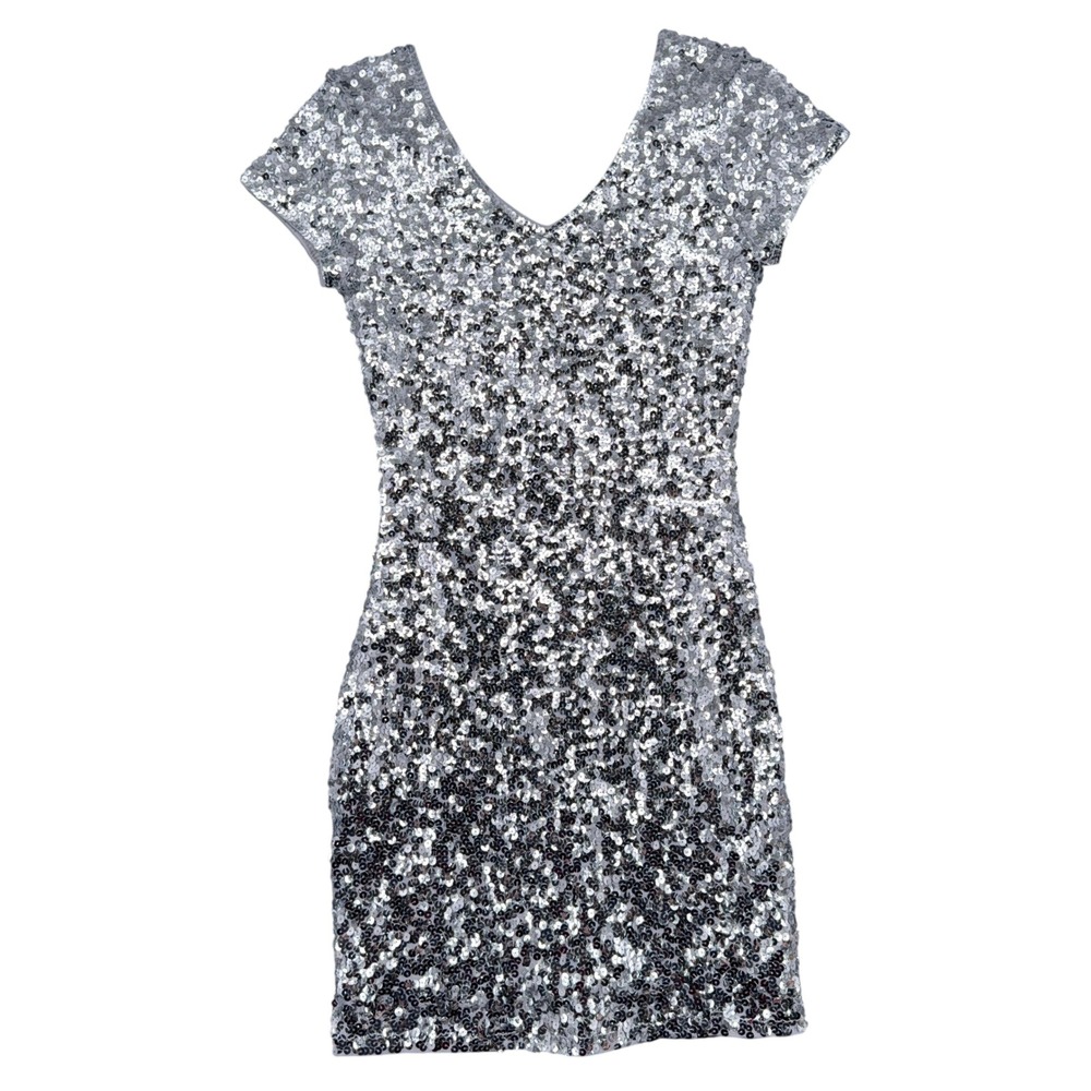 MANER Sequin Bodycon Mini Dress Women Size S Polyester Silver V-Neck Party